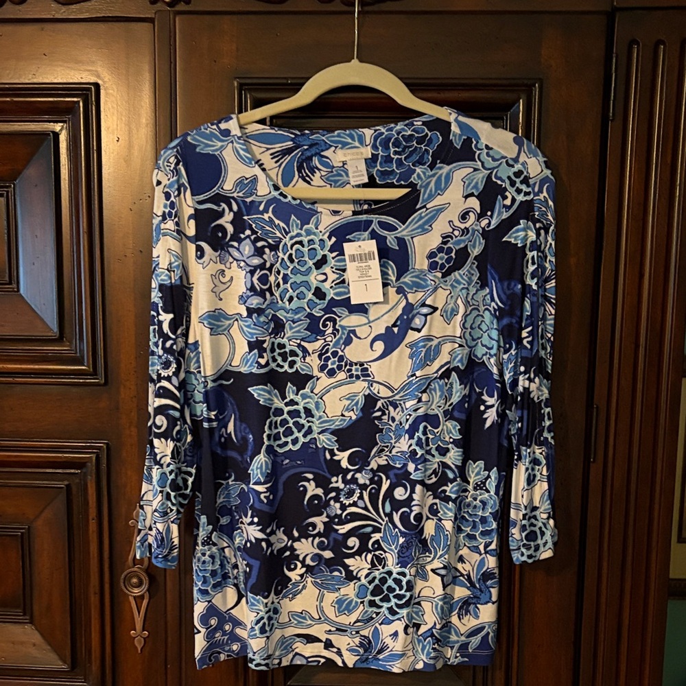Chico's Blue Floral Scoop-Neck Long Sleeve Top Size 1 (8 to 10)